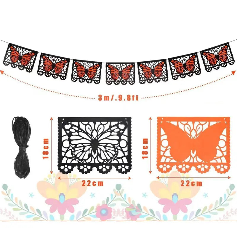Lightweight Monarch Butterfly Day of the Dead Banner, 9.8FT Papel Picado Style Garland, Black-Orange Hanging Decor for Ofrenda Altar