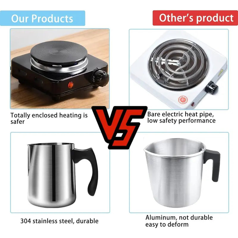 DIY Candle Making Starter Kit for Adults & Beginners - 500W 110V No-Battery Electric Melter Stove, SUS304 Stainless Steel 900Ml Pouring Pot, Digital Thermometer, Rubber Pads, Detailed Guide, Easy-To-Store Homemade Candle Set