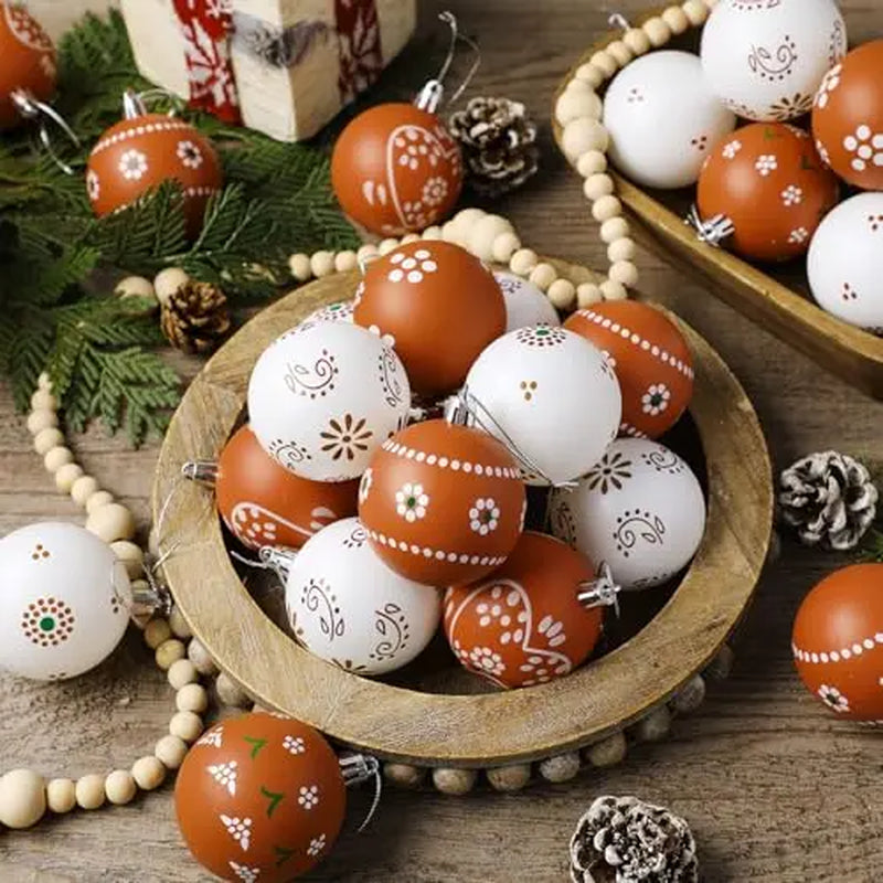 Christmas Tree Ball Ornaments 2.36 & 3.15 Inch Rustic Floral Baubles, Talavera Inspired Terracotta Style Mxican Christmas Decor for Xmas Trees, Wreaths, Home Parties and Navidad Supplies