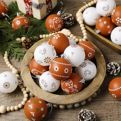 Christmas Tree Ball Ornaments 2.36 & 3.15 Inch Rustic Floral Baubles, Talavera Inspired Terracotta Style Mxican Christmas Decor for Xmas Trees, Wreaths, Home Parties and Navidad Supplies