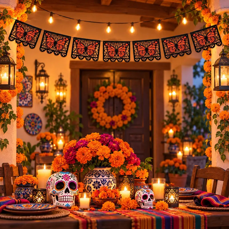 Lightweight Monarch Butterfly Day of the Dead Banner, 9.8FT Papel Picado Style Garland, Black-Orange Hanging Decor for Ofrenda Altar