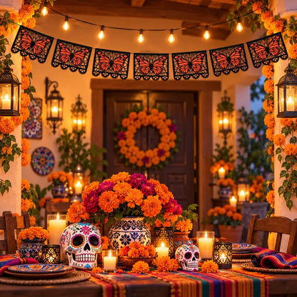 Lightweight Monarch Butterfly Day of the Dead Banner, 9.8FT Papel Picado Style Garland, Black-Orange Hanging Decor for Ofrenda Altar