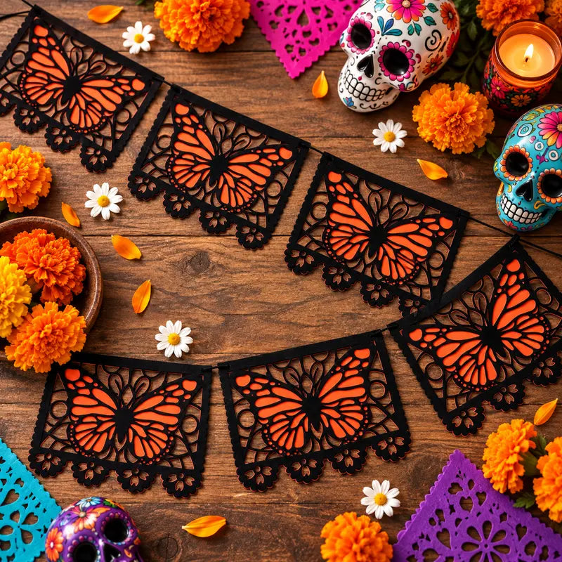 Lightweight Monarch Butterfly Day of the Dead Banner, 9.8FT Papel Picado Style Garland, Black-Orange Hanging Decor for Ofrenda Altar