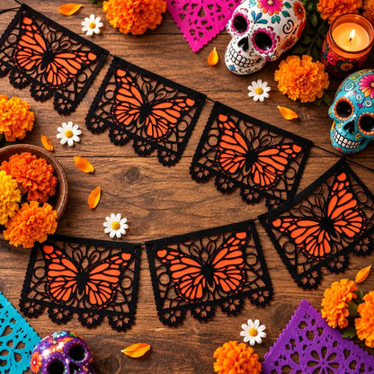 Lightweight Monarch Butterfly Day of the Dead Banner, 9.8FT Papel Picado Style Garland, Black-Orange Hanging Decor for Ofrenda Altar
