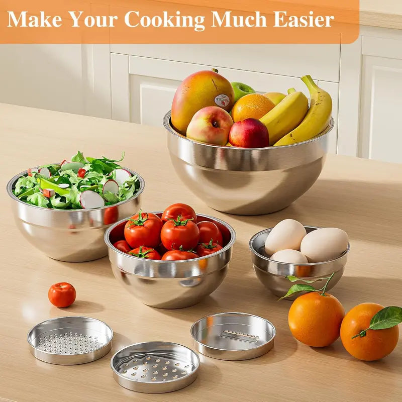 Stainless Steel Metal 6-Piece Airtight Nesting Mixing & Serving Bowls Set with Lids, 3 Grater Attachments