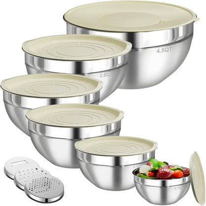 Stainless Steel Metal 6-Piece Airtight Nesting Mixing & Serving Bowls Set with Lids, 3 Grater Attachments