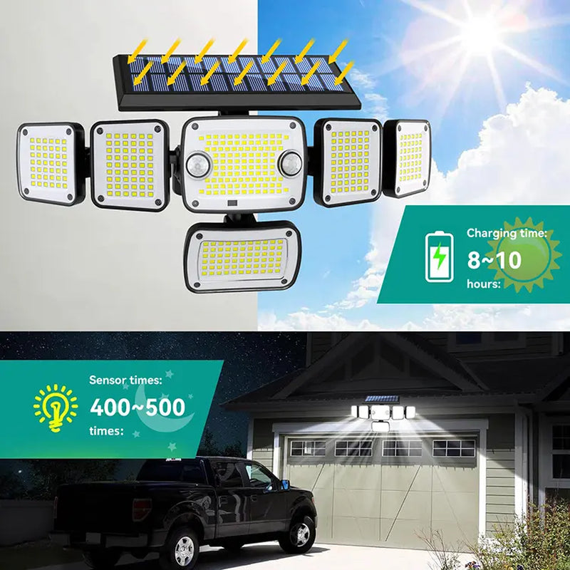 Solar-Powered Sensor Garden Lamp - 6 Lamp Heads, 270° Wide-Angle Floodlight