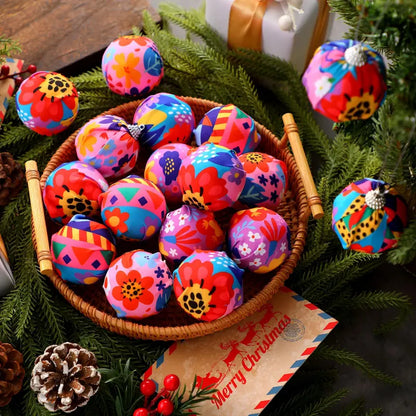 Christmas Tree Ball Ornaments 2.36 & 3.15 Inch Rustic Floral Baubles, Talavera Inspired Terracotta Style Mxican Christmas Decor for Xmas Trees, Wreaths, Home Parties and Navidad Supplies