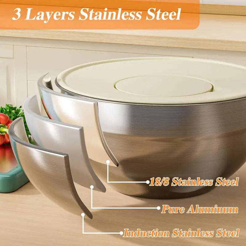 Stainless Steel Metal 6-Piece Airtight Nesting Mixing & Serving Bowls Set with Lids, 3 Grater Attachments