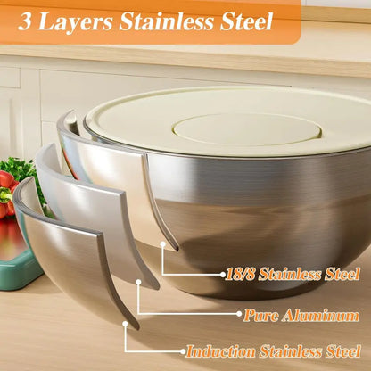 Stainless Steel Metal 6-Piece Airtight Nesting Mixing & Serving Bowls Set with Lids, 3 Grater Attachments