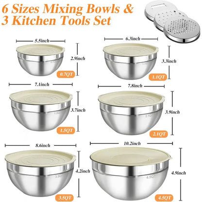 Stainless Steel Metal 6-Piece Airtight Nesting Mixing & Serving Bowls Set with Lids, 3 Grater Attachments