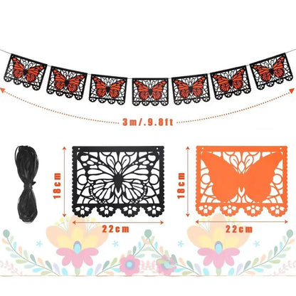 Lightweight Monarch Butterfly Day of the Dead Banner, 9.8FT Papel Picado Style Garland, Black-Orange Hanging Decor for Ofrenda Altar