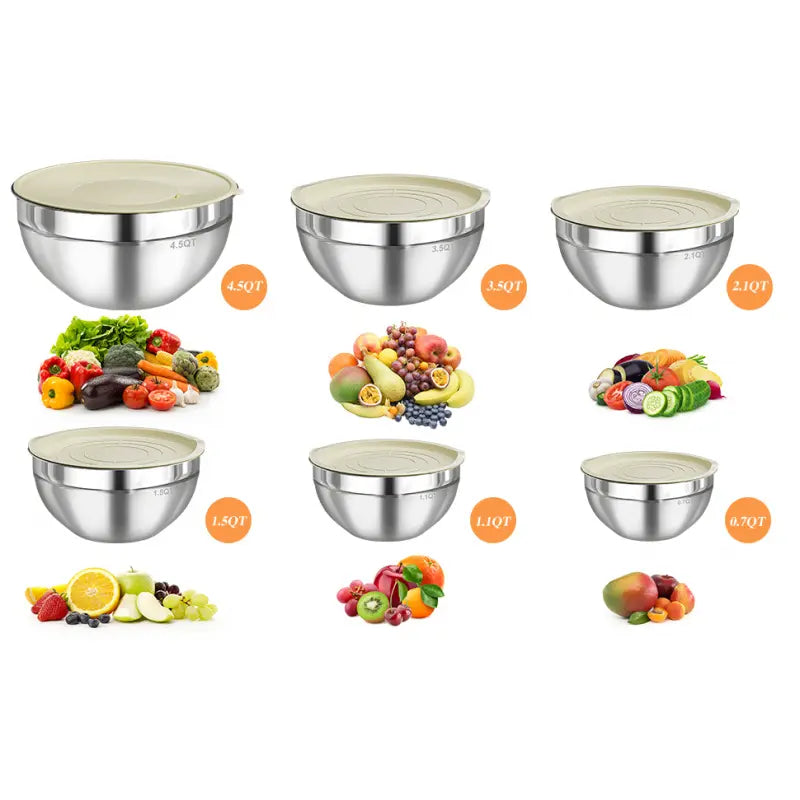 Stainless Steel Metal 6-Piece Airtight Nesting Mixing & Serving Bowls Set with Lids, 3 Grater Attachments