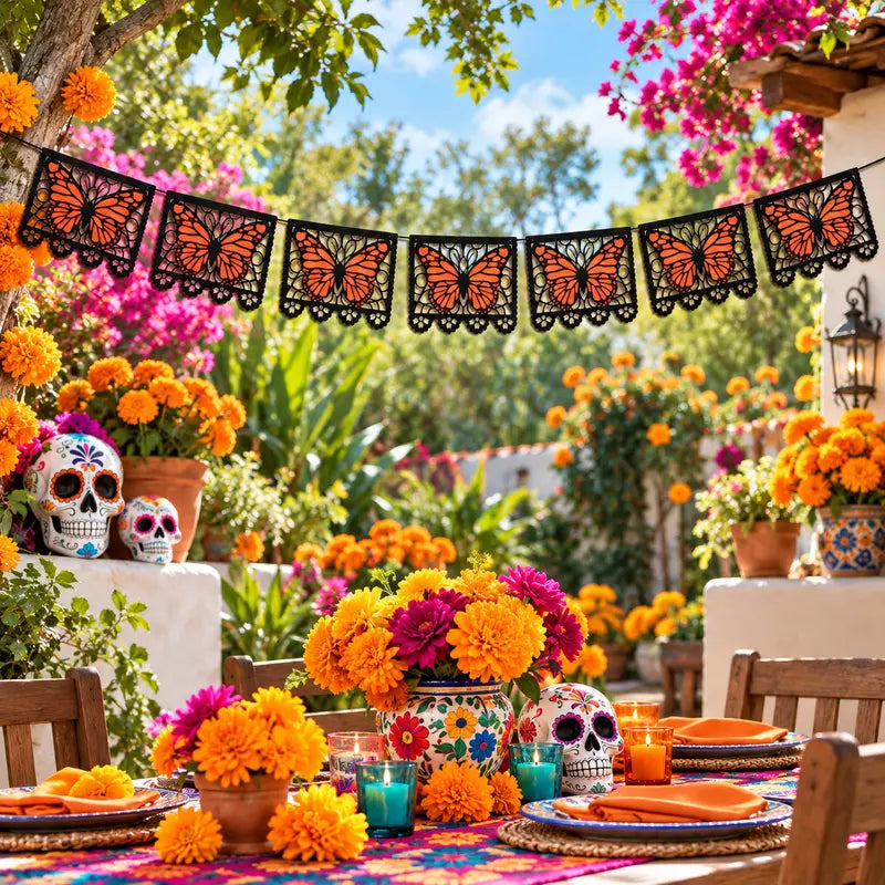 Lightweight Monarch Butterfly Day of the Dead Banner, 9.8FT Papel Picado Style Garland, Black-Orange Hanging Decor for Ofrenda Altar