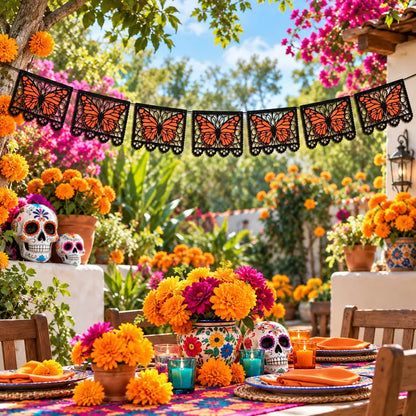Lightweight Monarch Butterfly Day of the Dead Banner, 9.8FT Papel Picado Style Garland, Black-Orange Hanging Decor for Ofrenda Altar