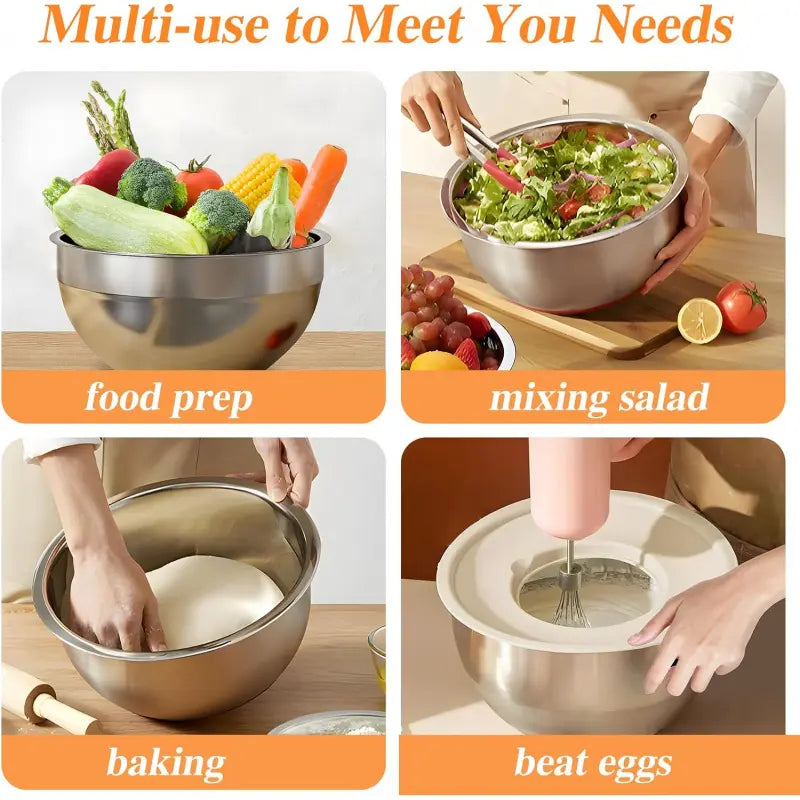 Stainless Steel Metal 6-Piece Airtight Nesting Mixing & Serving Bowls Set with Lids, 3 Grater Attachments