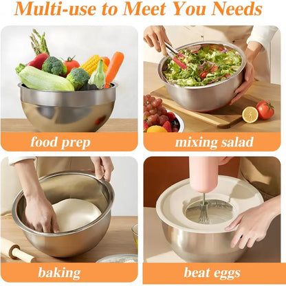Stainless Steel Metal 6-Piece Airtight Nesting Mixing & Serving Bowls Set with Lids, 3 Grater Attachments