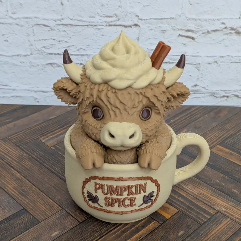 4" 3D Printed Highland Cow Figurine - Iced Pumpkin Spice Latte Themed Fall Home