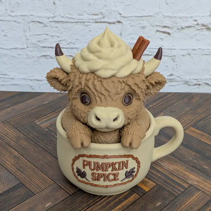 4" 3D Printed Highland Cow Figurine - Iced Pumpkin Spice Latte Themed Fall Home
