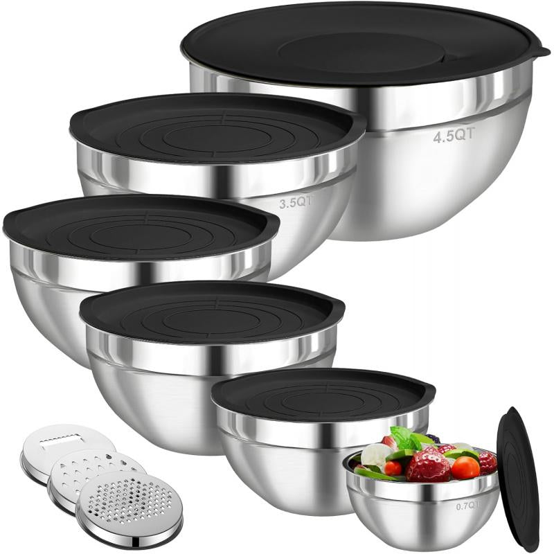 Stainless Steel Metal 6-Piece Airtight Nesting Mixing & Serving Bowls Set with Lids, 3 Grater Attachments