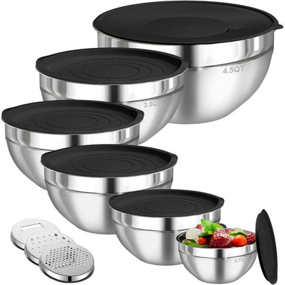 Stainless Steel Metal 6-Piece Airtight Nesting Mixing & Serving Bowls Set with Lids, 3 Grater Attachments