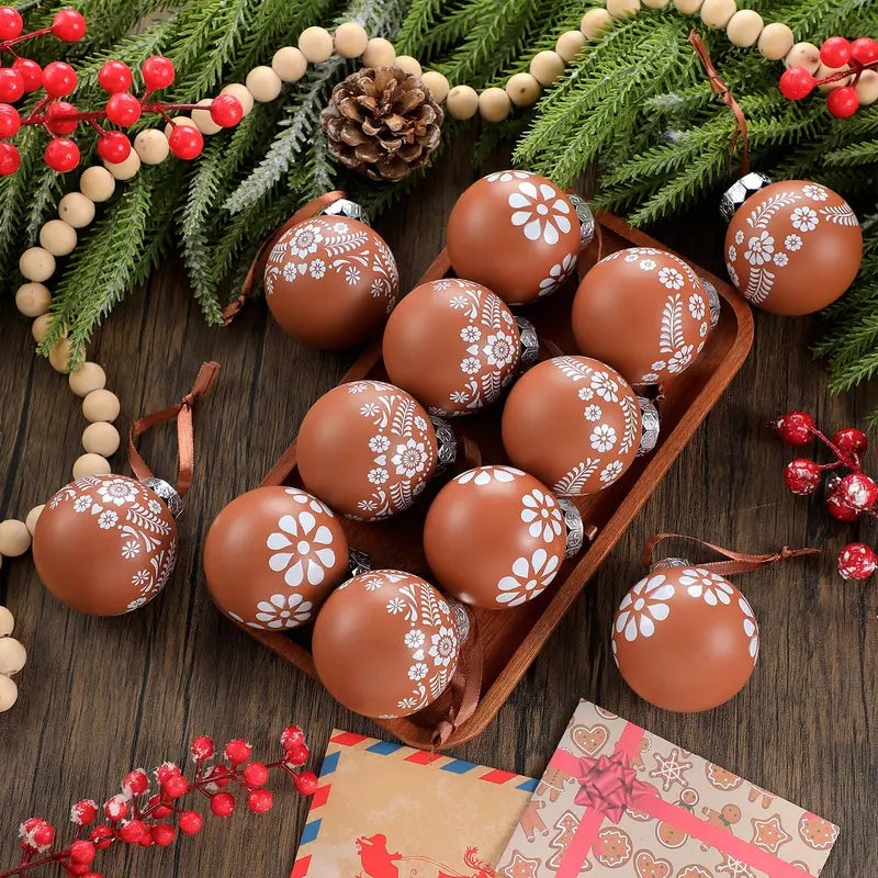 Christmas Tree Ball Ornaments 2.36 & 3.15 Inch Rustic Floral Baubles, Talavera Inspired Terracotta Style Mxican Christmas Decor for Xmas Trees, Wreaths, Home Parties and Navidad Supplies