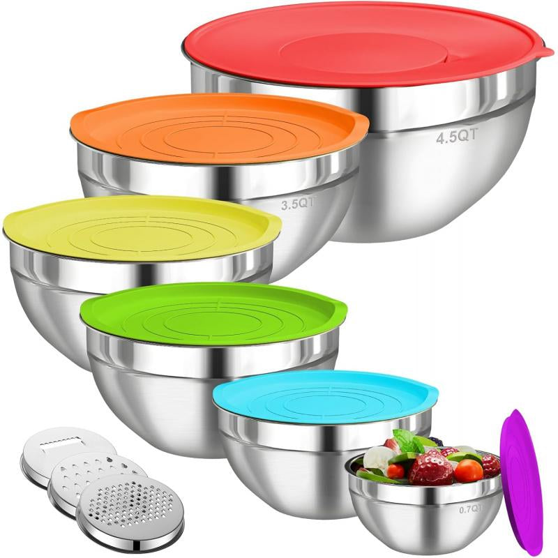 Stainless Steel Metal 6-Piece Airtight Nesting Mixing & Serving Bowls Set with Lids, 3 Grater Attachments