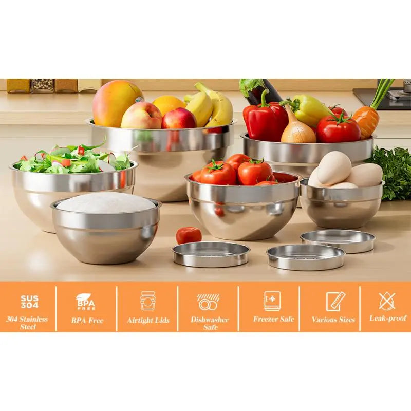 Stainless Steel Metal 6-Piece Airtight Nesting Mixing & Serving Bowls Set with Lids, 3 Grater Attachments