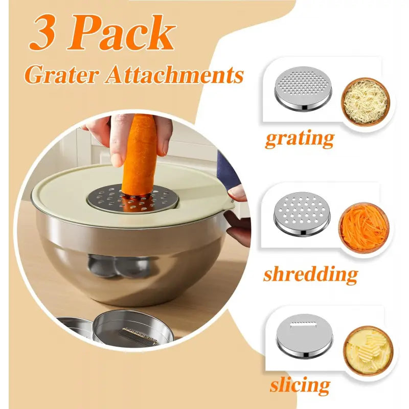Stainless Steel Metal 6-Piece Airtight Nesting Mixing & Serving Bowls Set with Lids, 3 Grater Attachments