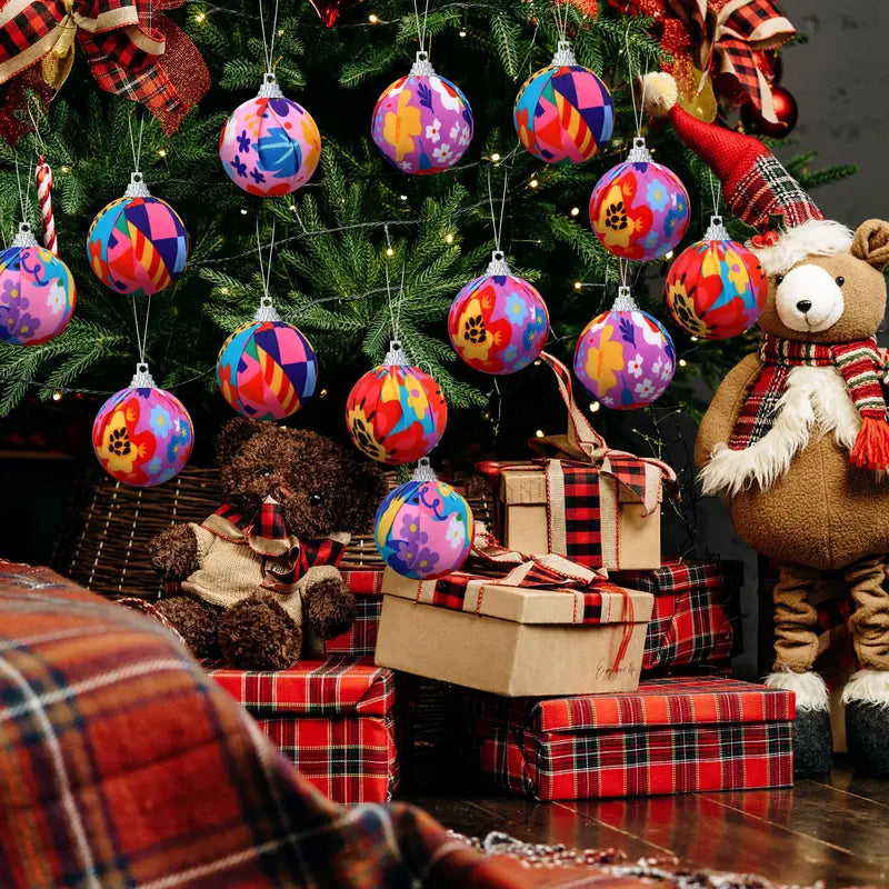 Christmas Tree Ball Ornaments 2.36 & 3.15 Inch Rustic Floral Baubles, Talavera Inspired Terracotta Style Mxican Christmas Decor for Xmas Trees, Wreaths, Home Parties and Navidad Supplies