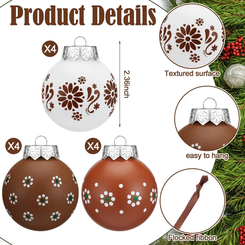 Christmas Tree Ball Ornaments 2.36 & 3.15 Inch Rustic Floral Baubles, Talavera Inspired Terracotta Style Mxican Christmas Decor for Xmas Trees, Wreaths, Home Parties and Navidad Supplies