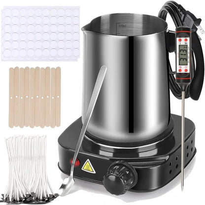 DIY Candle Making Starter Kit for Adults & Beginners - 500W 110V No-Battery Electric Melter Stove, SUS304 Stainless Steel 900Ml Pouring Pot, Digital Thermometer, Rubber Pads, Detailed Guide, Easy-To-Store Homemade Candle Set