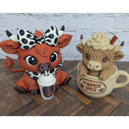 4" 3D Printed Highland Cow Figurine - Iced Pumpkin Spice Latte Themed Fall Home