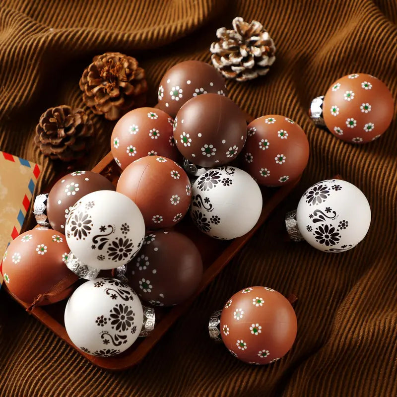 Christmas Tree Ball Ornaments 2.36 & 3.15 Inch Rustic Floral Baubles, Talavera Inspired Terracotta Style Mxican Christmas Decor for Xmas Trees, Wreaths, Home Parties and Navidad Supplies