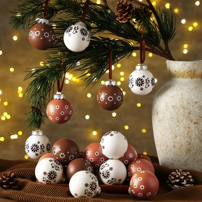 Christmas Tree Ball Ornaments 2.36 & 3.15 Inch Rustic Floral Baubles, Talavera Inspired Terracotta Style Mxican Christmas Decor for Xmas Trees, Wreaths, Home Parties and Navidad Supplies