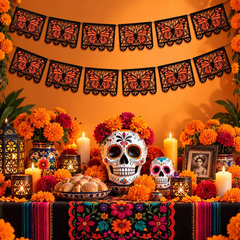 Lightweight Monarch Butterfly Day of the Dead Banner, 9.8FT Papel Picado Style Garland, Black-Orange Hanging Decor for Ofrenda Altar