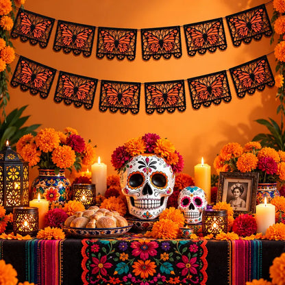 Lightweight Monarch Butterfly Day of the Dead Banner, 9.8FT Papel Picado Style Garland, Black-Orange Hanging Decor for Ofrenda Altar