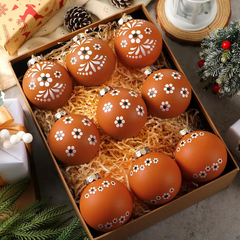 Christmas Tree Ball Ornaments 2.36 & 3.15 Inch Rustic Floral Baubles, Talavera Inspired Terracotta Style Mxican Christmas Decor for Xmas Trees, Wreaths, Home Parties and Navidad Supplies