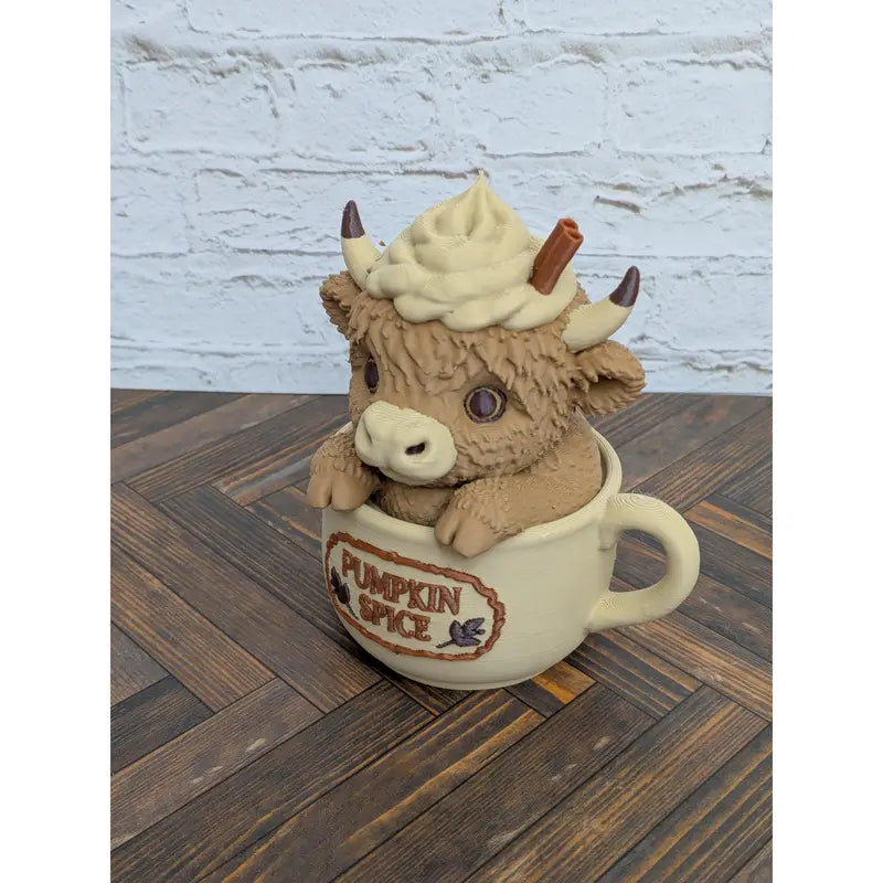 4" 3D Printed Highland Cow Figurine - Iced Pumpkin Spice Latte Themed Fall Home