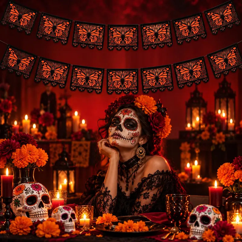Lightweight Monarch Butterfly Day of the Dead Banner, 9.8FT Papel Picado Style Garland, Black-Orange Hanging Decor for Ofrenda Altar