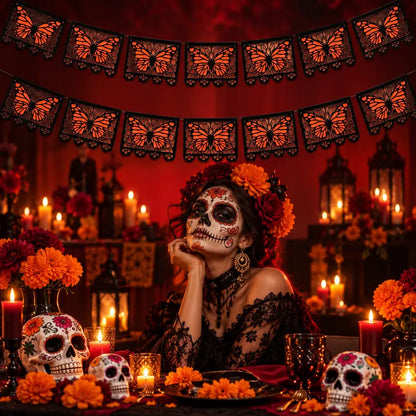 Lightweight Monarch Butterfly Day of the Dead Banner, 9.8FT Papel Picado Style Garland, Black-Orange Hanging Decor for Ofrenda Altar