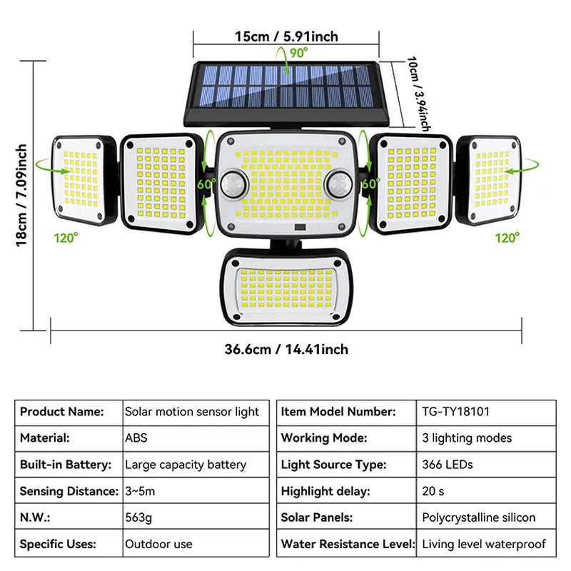 Solar-Powered Sensor Garden Lamp - 6 Lamp Heads, 270° Wide-Angle Floodlight