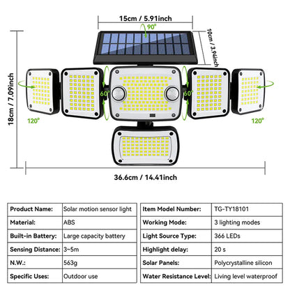 Solar-Powered Sensor Garden Lamp - 6 Lamp Heads, 270° Wide-Angle Floodlight