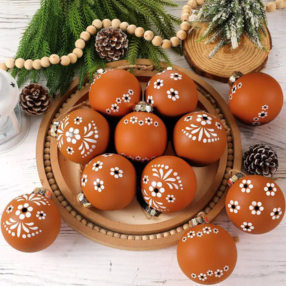 Christmas Tree Ball Ornaments 2.36 & 3.15 Inch Rustic Floral Baubles, Talavera Inspired Terracotta Style Mxican Christmas Decor for Xmas Trees, Wreaths, Home Parties and Navidad Supplies