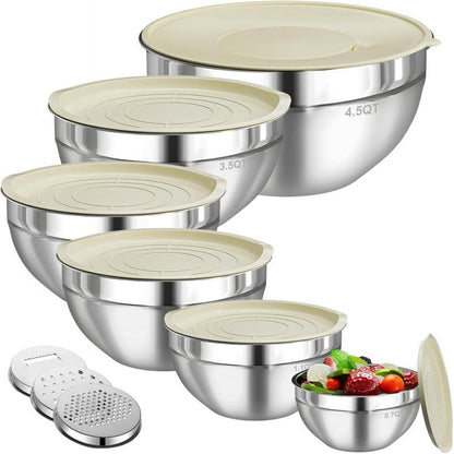 Stainless Steel Metal 6-Piece Airtight Nesting Mixing & Serving Bowls Set with Lids, 3 Grater Attachments
