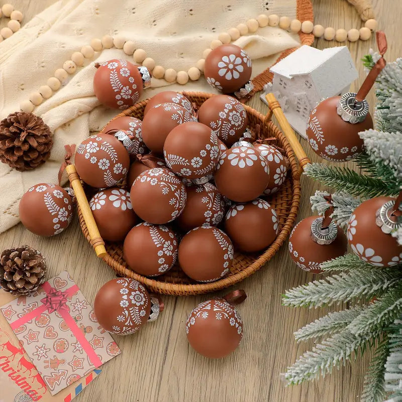 Christmas Tree Ball Ornaments 2.36 & 3.15 Inch Rustic Floral Baubles, Talavera Inspired Terracotta Style Mxican Christmas Decor for Xmas Trees, Wreaths, Home Parties and Navidad Supplies