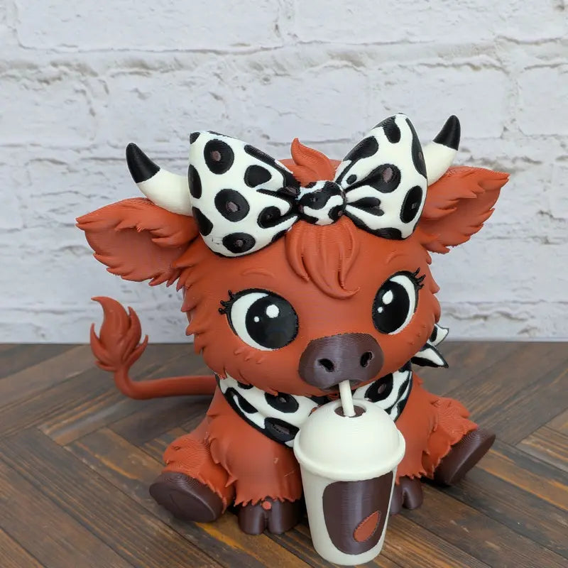4" 3D Printed Highland Cow Figurine - Iced Pumpkin Spice Latte Themed Fall Home