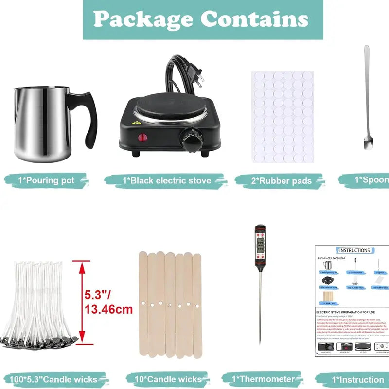 DIY Candle Making Starter Kit for Adults & Beginners - 500W 110V No-Battery Electric Melter Stove, SUS304 Stainless Steel 900Ml Pouring Pot, Digital Thermometer, Rubber Pads, Detailed Guide, Easy-To-Store Homemade Candle Set